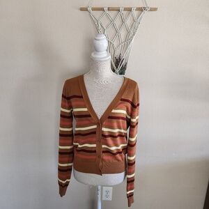 Pact Womens Warm Spice Stripe Classic Fine Knit Cardigan Sweater Size Small NWT